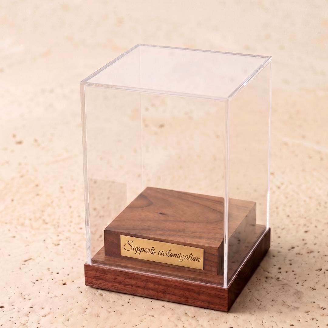 Acrylic Crystal Display Case, Mineral Specimen Wooden Boxes, Figurine Blind Box Showcase, Custom Engraved Nameplate LED Option Gift