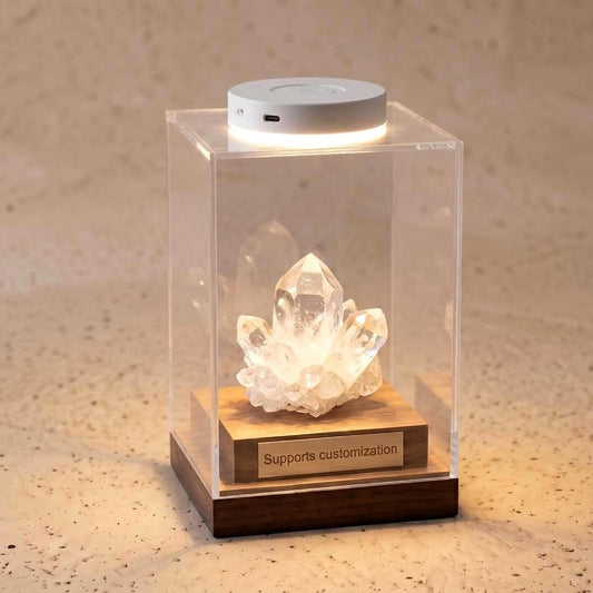 Acrylic Crystal Display Case, Mineral Specimen Wooden Boxes, Figurine Blind Box Showcase, Custom Engraved Nameplate LED Option Gift