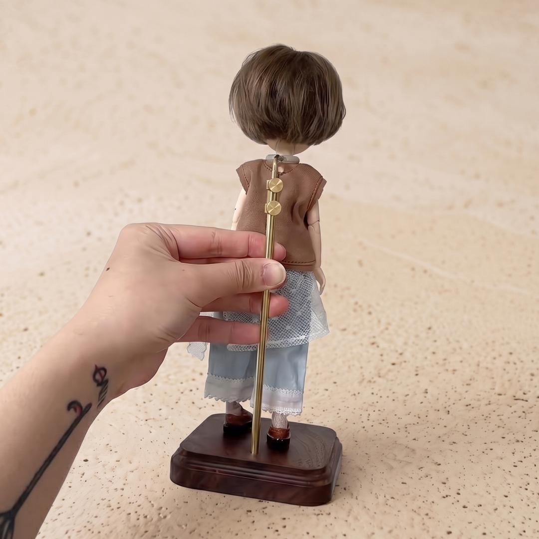 Luxury Brass Metal Doll Stand, Walnut Wood Base Show Stand, Telescoping Adjustable Holder for Art Dolls, Heavy Figurine Base