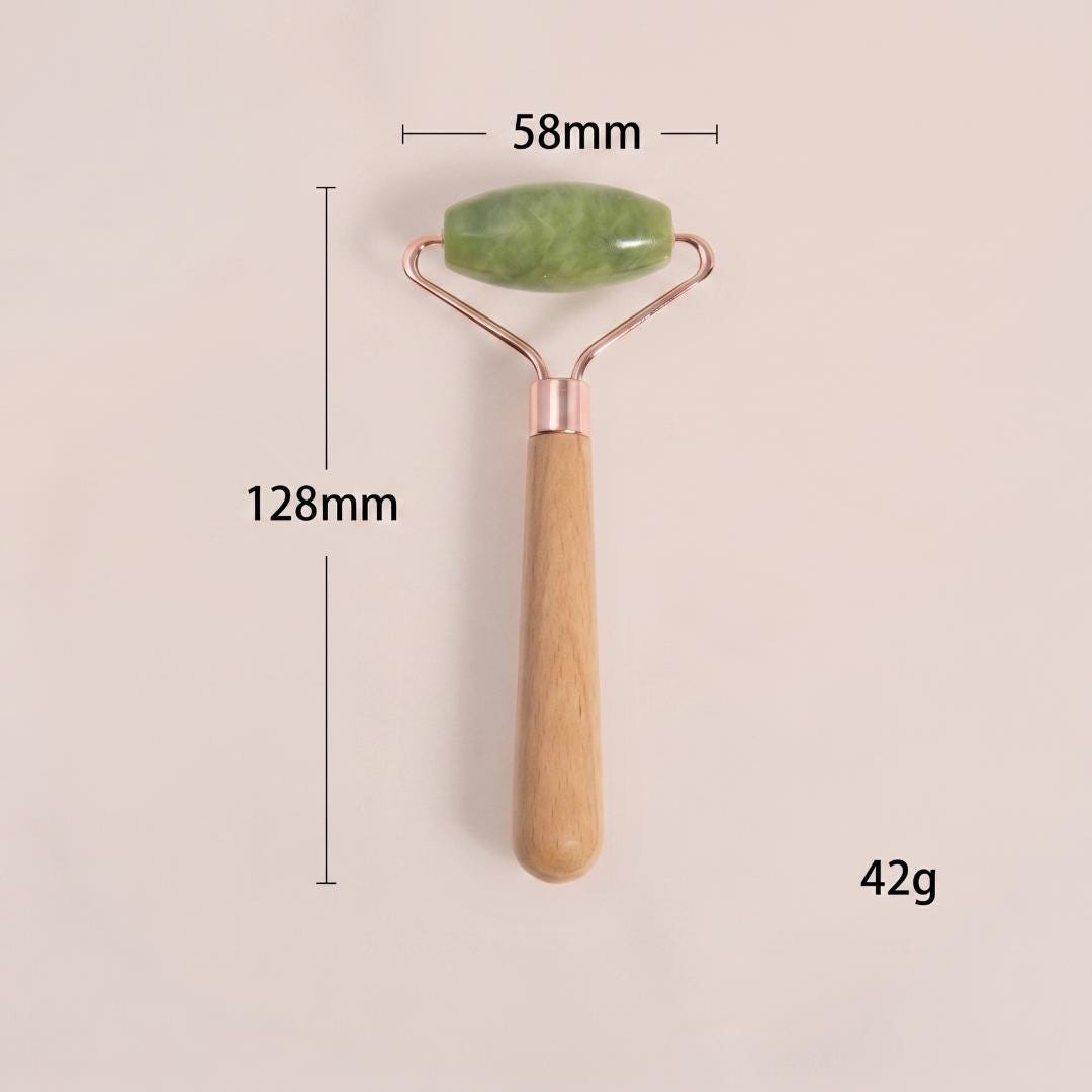 Luxury Jade Facial Roller, Natural Stone Massager with Wooden Base, Premium Skincare Vanity Display Stand, Wellness Self Care Gift for Her