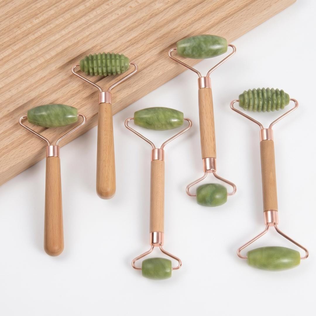 Luxury Jade Facial Roller, Natural Stone Massager with Wooden Base, Premium Skincare Vanity Display Stand, Wellness Self Care Gift for Her
