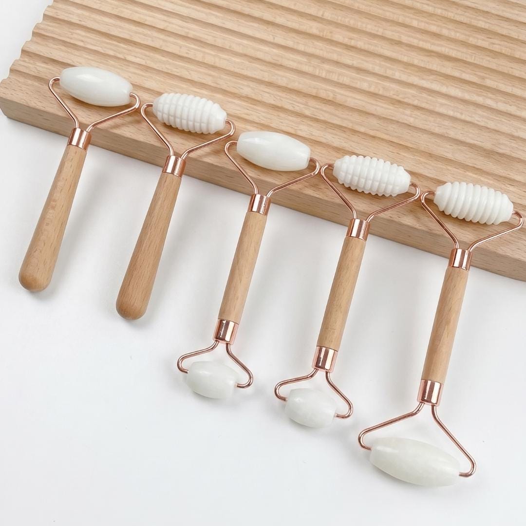 Luxury Jade Facial Roller, Natural Stone Massager with Wooden Base, Premium Skincare Vanity Display Stand, Wellness Self Care Gift for Her