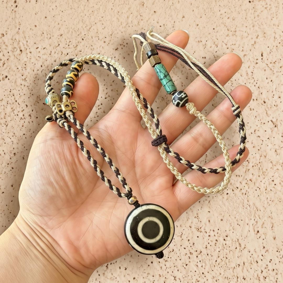 Tibetan Eye Dzi Bead Pendant Necklace, Genuine Natural Agate Amulet Stone Jewelry, Handwoven Braided Cord Talisman, Gift for Him Her