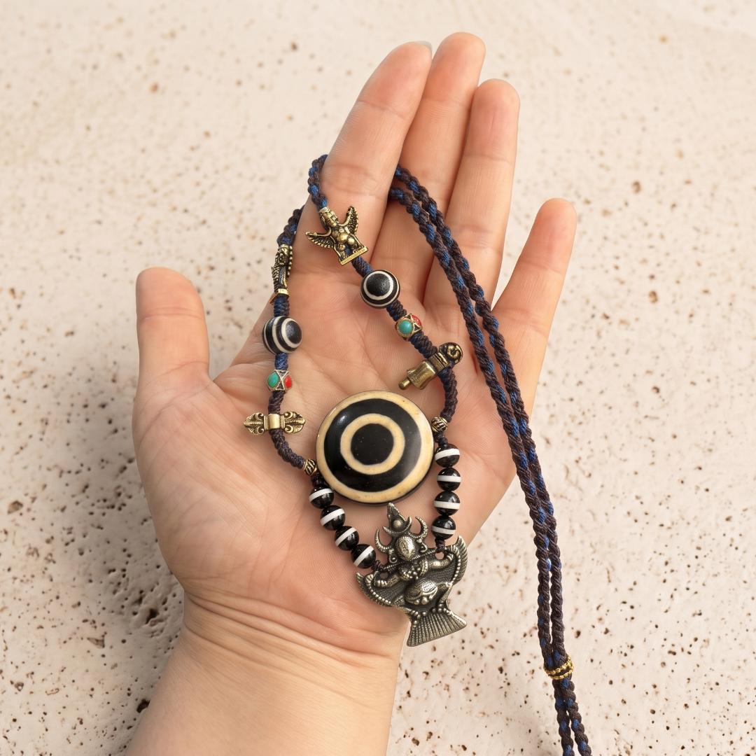Tibetan Eye Dzi Bead Pendant Necklace, Genuine Natural Agate Amulet Stone Jewelry, Handwoven Braided Cord Talisman, Gift for Him Her