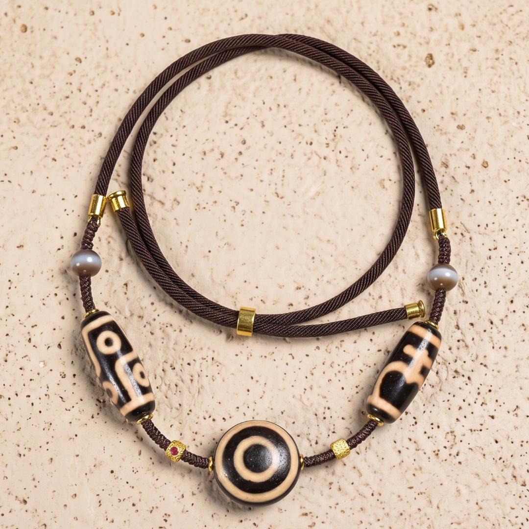 Tibetan Eye Dzi Bead Pendant Necklace, Genuine Natural Agate Amulet Stone Jewelry, Handwoven Braided Cord Talisman, Gift for Him Her