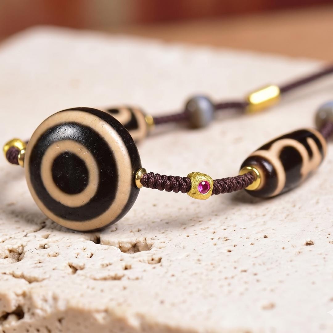 Tibetan Eye Dzi Bead Pendant Necklace, Genuine Natural Agate Amulet Stone Jewelry, Handwoven Braided Cord Talisman, Gift for Him Her