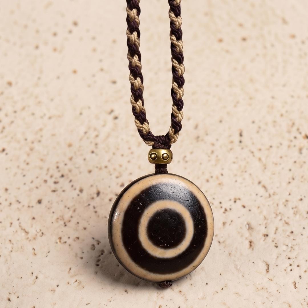 Tibetan Eye Dzi Bead Pendant Necklace, Genuine Natural Agate Amulet Stone Jewelry, Handwoven Braided Cord Talisman, Gift for Him Her