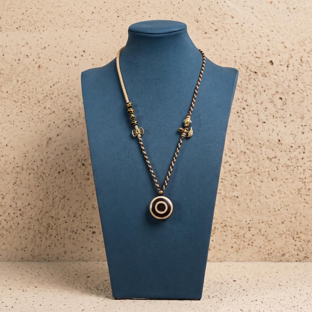 Tibetan Eye Dzi Bead Pendant Necklace, Genuine Natural Agate Amulet Stone Jewelry, Handwoven Braided Cord Talisman, Gift for Him Her