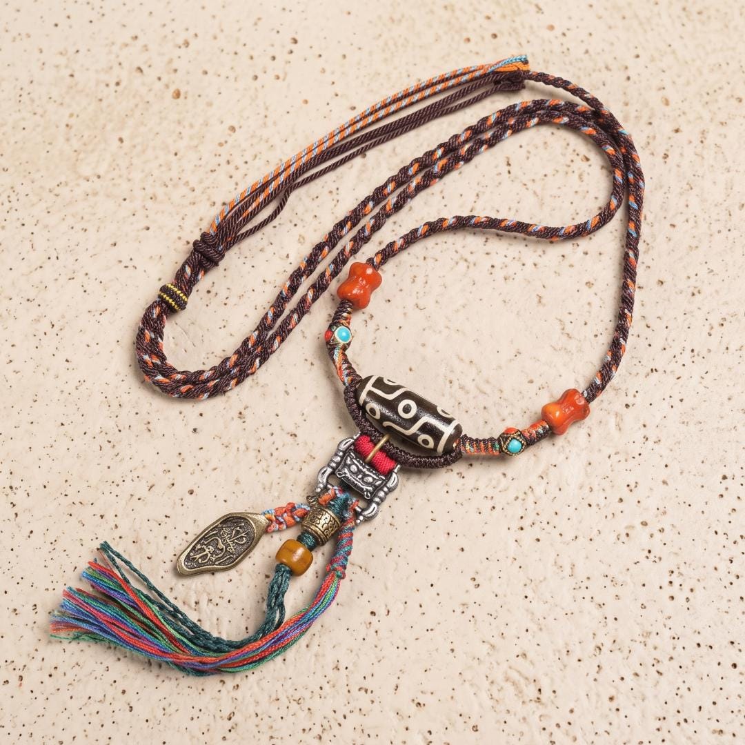 9 Eye Agate Pendant Necklace, Natural South Red Agate Lotus Disc, Artisan Beads Hand Woven Cord, Protection Yoga Meditation Gift