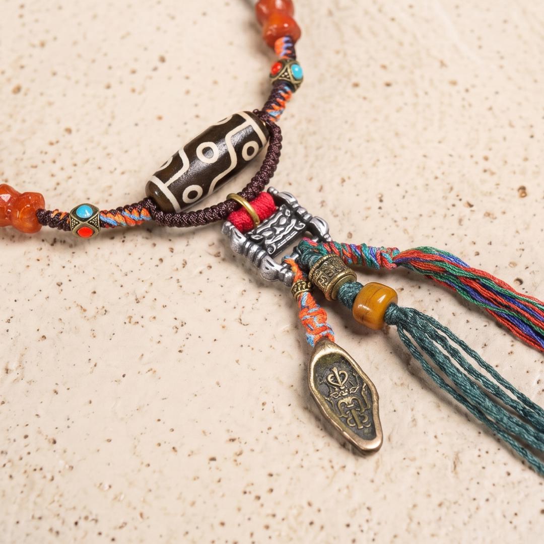 9 Eye Agate Pendant Necklace, Natural South Red Agate Lotus Disc, Artisan Beads Hand Woven Cord, Protection Yoga Meditation Gift