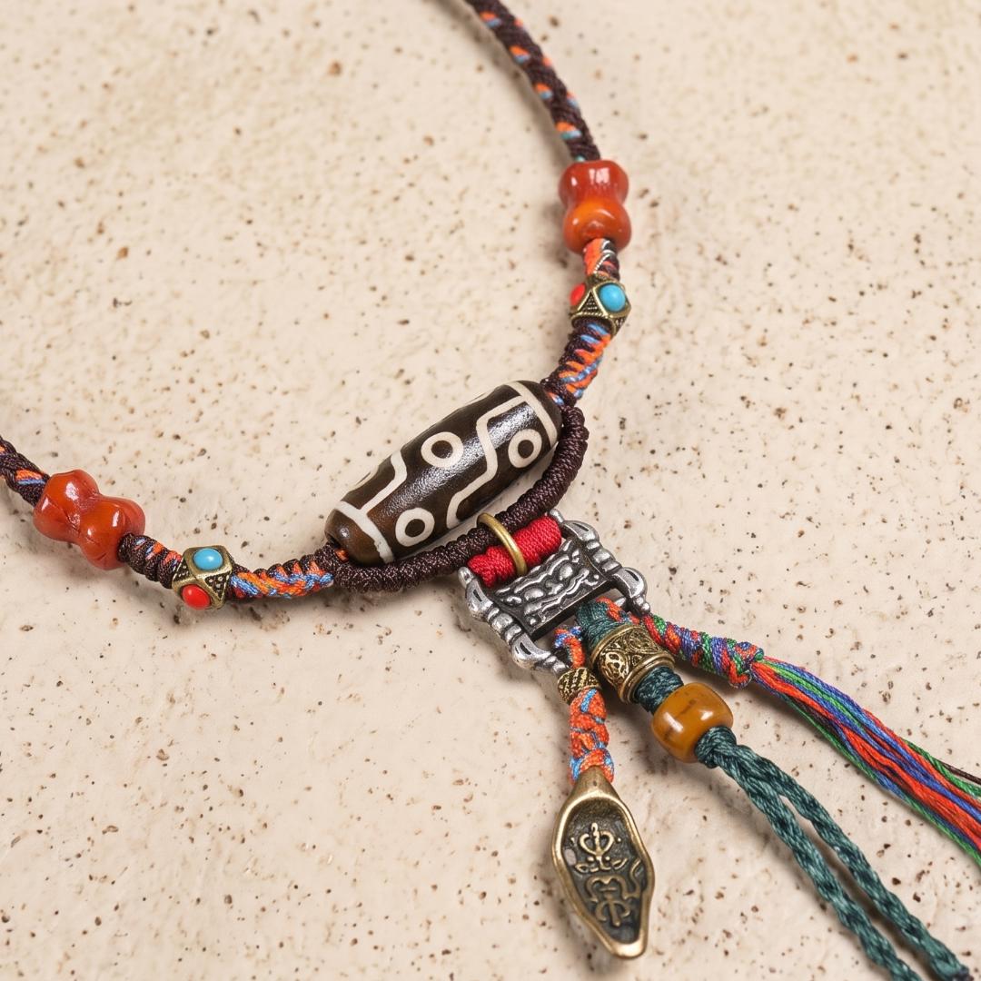 9 Eye Agate Pendant Necklace, Natural South Red Agate Lotus Disc, Artisan Beads Hand Woven Cord, Protection Yoga Meditation Gift