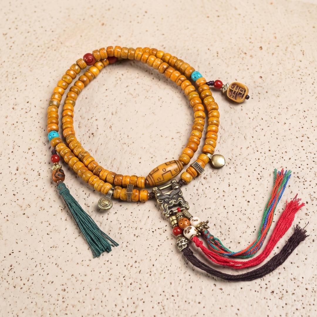 Handcrafted 108 Prayer Beads, Mindful Meditation Wrap Bracelet, Ethnic Dzi Bead Jewelry, Boho Chic Gift for Yogi, Unisex Birthday Gift