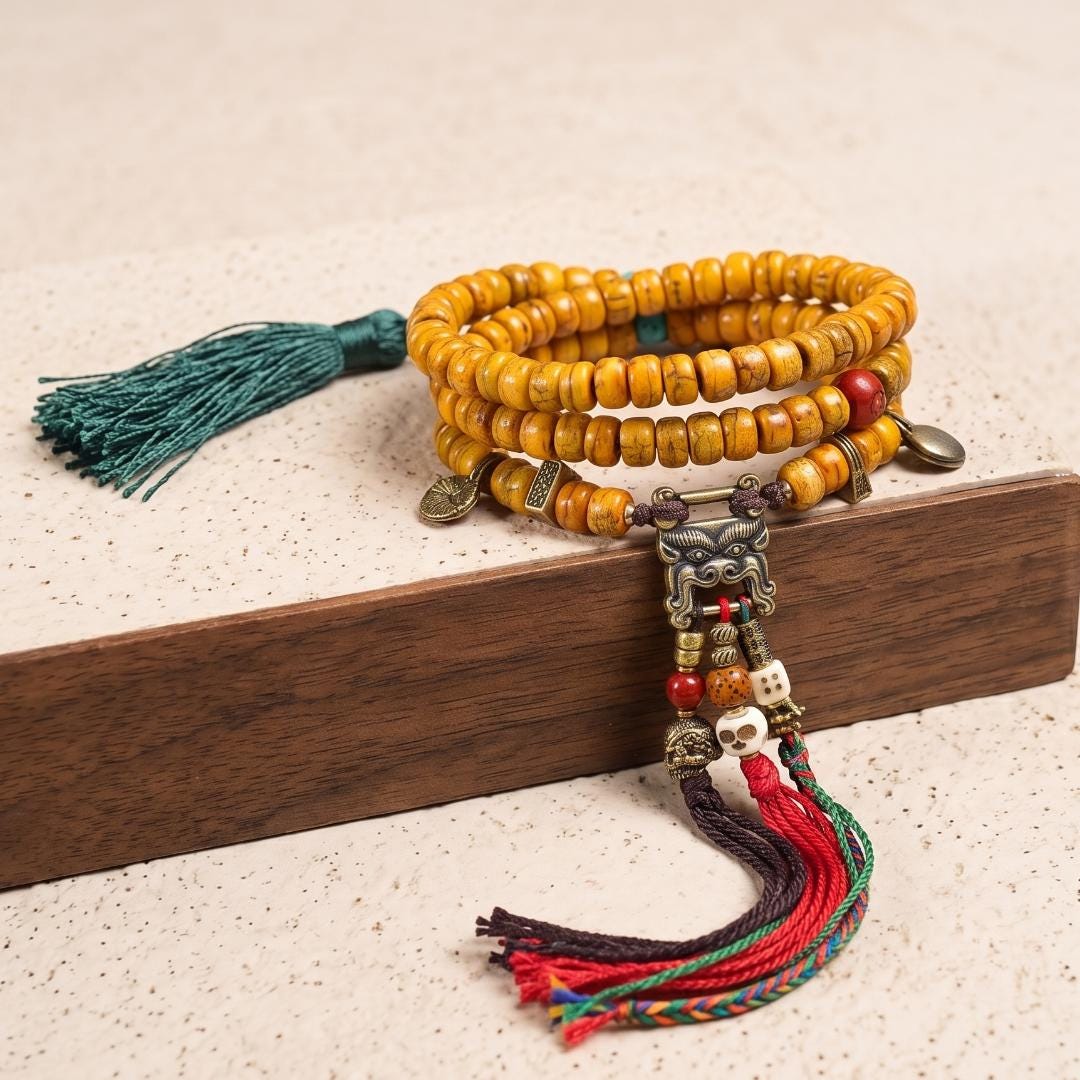Handcrafted 108 Prayer Beads, Mindful Meditation Wrap Bracelet, Ethnic Dzi Bead Jewelry, Boho Chic Gift for Yogi, Unisex Birthday Gift