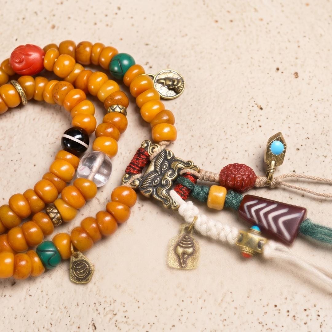 108 Mala Beads Necklace, Dzi Bead, Ethnic Charm, Boho Wrap Bracelet, Meditation Jewelry