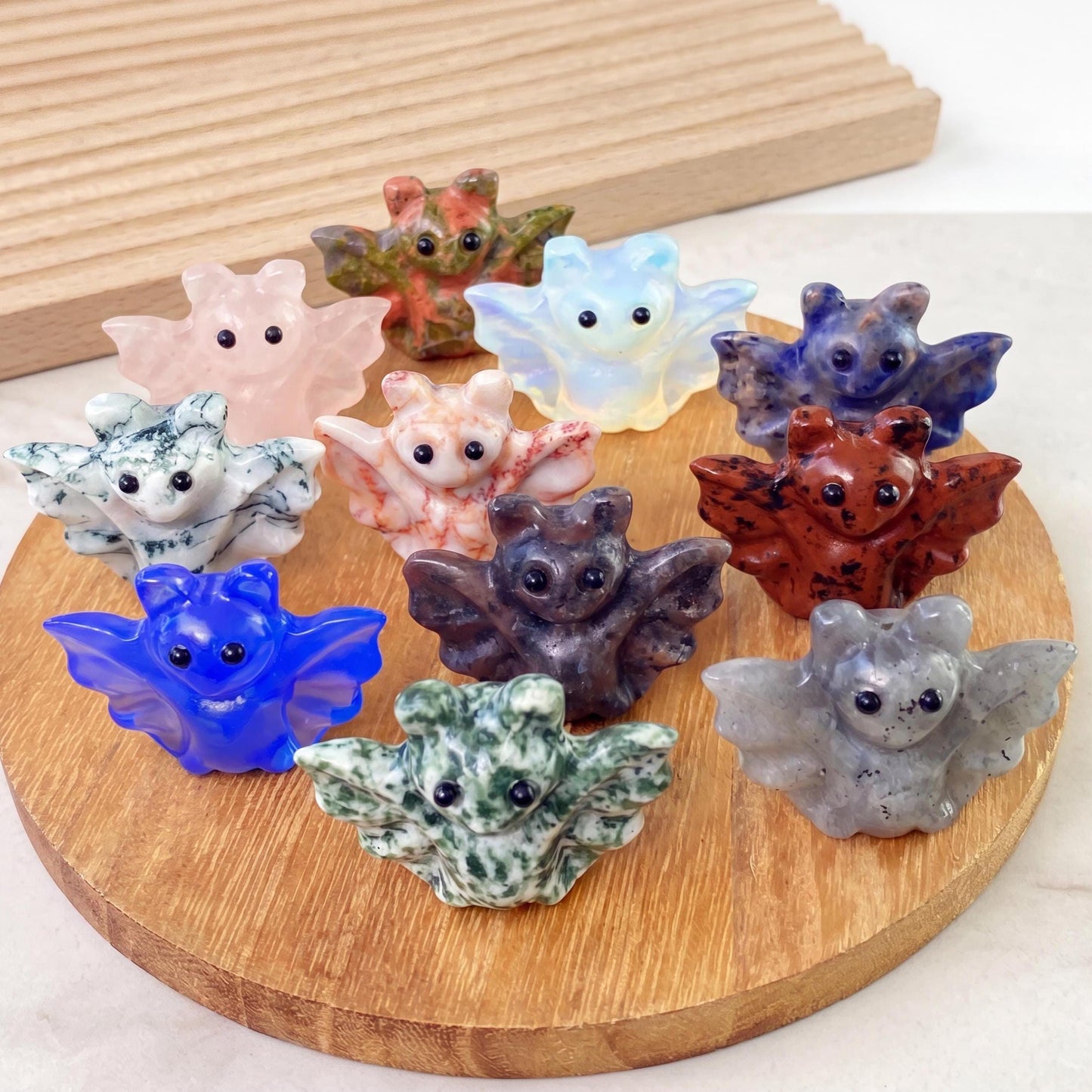 Hand Carved Quartz Crystal Bat, Natural Mixed Gemstone Animal Statue, Small Stone Bat Sculpture, Gothic Home Office Desk Decor