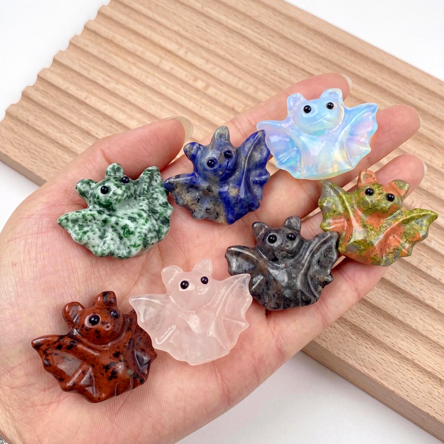 Hand Carved Quartz Crystal Bat, Natural Mixed Gemstone Animal Statue, Small Stone Bat Sculpture, Gothic Home Office Desk Decor