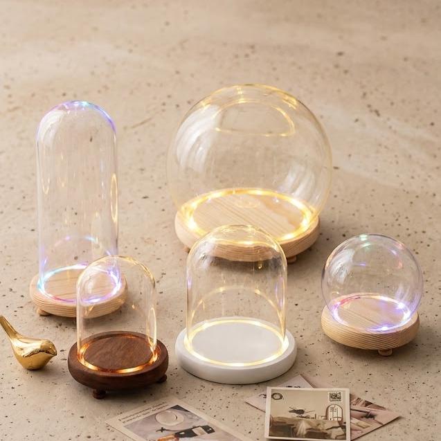 LED Light Up Glass Cloche Dome, Wooden Display Base, Crystal Specimen Stand, Preserved Flower Glass Cover Gift, Custom Engraved