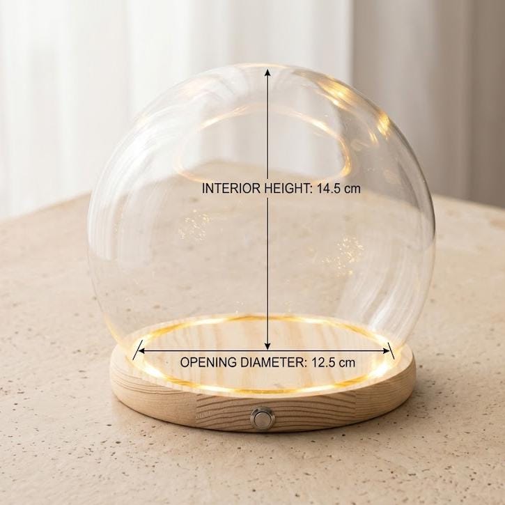 LED Light Up Glass Cloche Dome, Wooden Display Base, Crystal Specimen Stand, Preserved Flower Glass Cover Gift, Custom Engraved