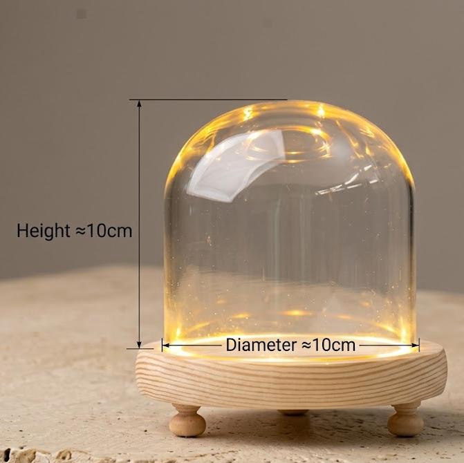 LED Light Up Glass Cloche Dome, Wooden Display Base, Crystal Specimen Stand, Preserved Flower Glass Cover Gift, Custom Engraved