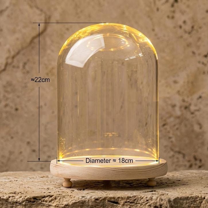 LED Light Up Glass Cloche Dome, Wooden Display Base, Crystal Specimen Stand, Preserved Flower Glass Cover Gift, Custom Engraved