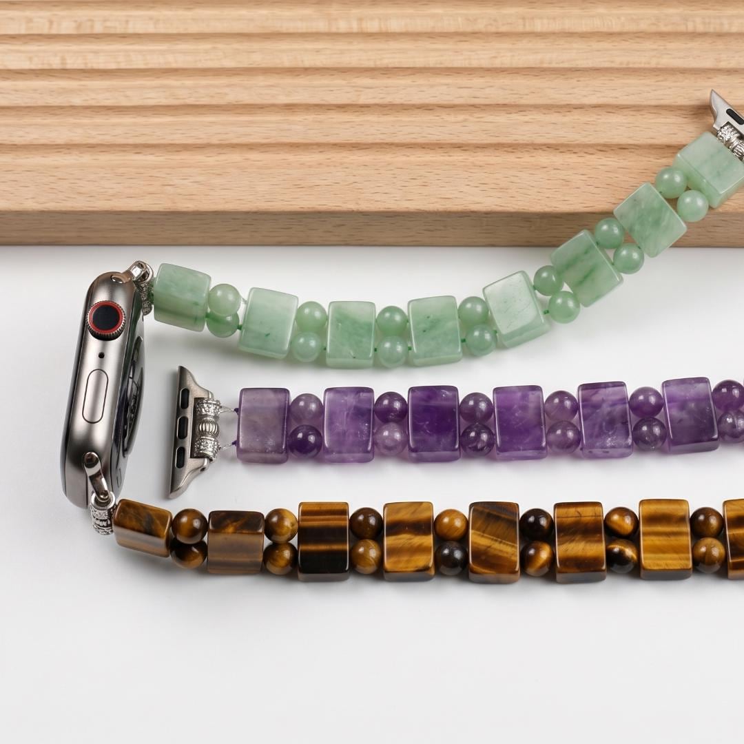 Natural Gemstone Watch Band for Apple Watch, Amethyst Aventurine Tiger Eye Beaded Strap, Crystal Jewelry Smartwatch Bracelet Gift for Her