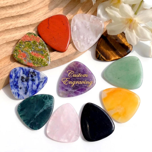 Custom Engraved Gemstone Guitar Picks, Natural Crystal Stone Plectrums, Personalized Music Gift, Rose Amethyst Lapis, Custom Musician Gift