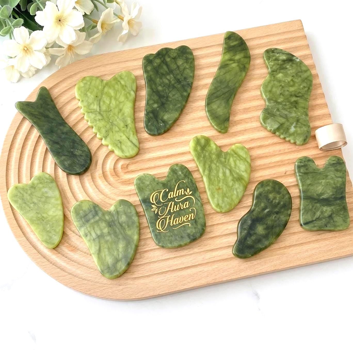 Personalized Engraved Natural Green Jade Stone Gua Sha Board, Facial Body Massage Tool, Skincare Spa Relaxation Gift for Her