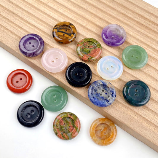 Natural Gemstone Button Charm, Double Hole Smooth Round Disc Connectors, Loose Crystal Buttons for Sewing Jewelry Making, Gift for Crafters