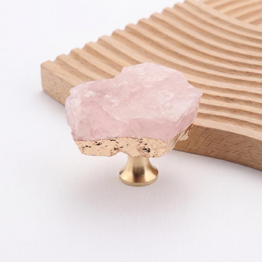 Natural Crystal Cabinet Knob with Gold Edge, Raw Amethyst Rose Quartz Drawer Pull, Single Hole Wardrobe Handle, Luxury Home Decor Hardware
