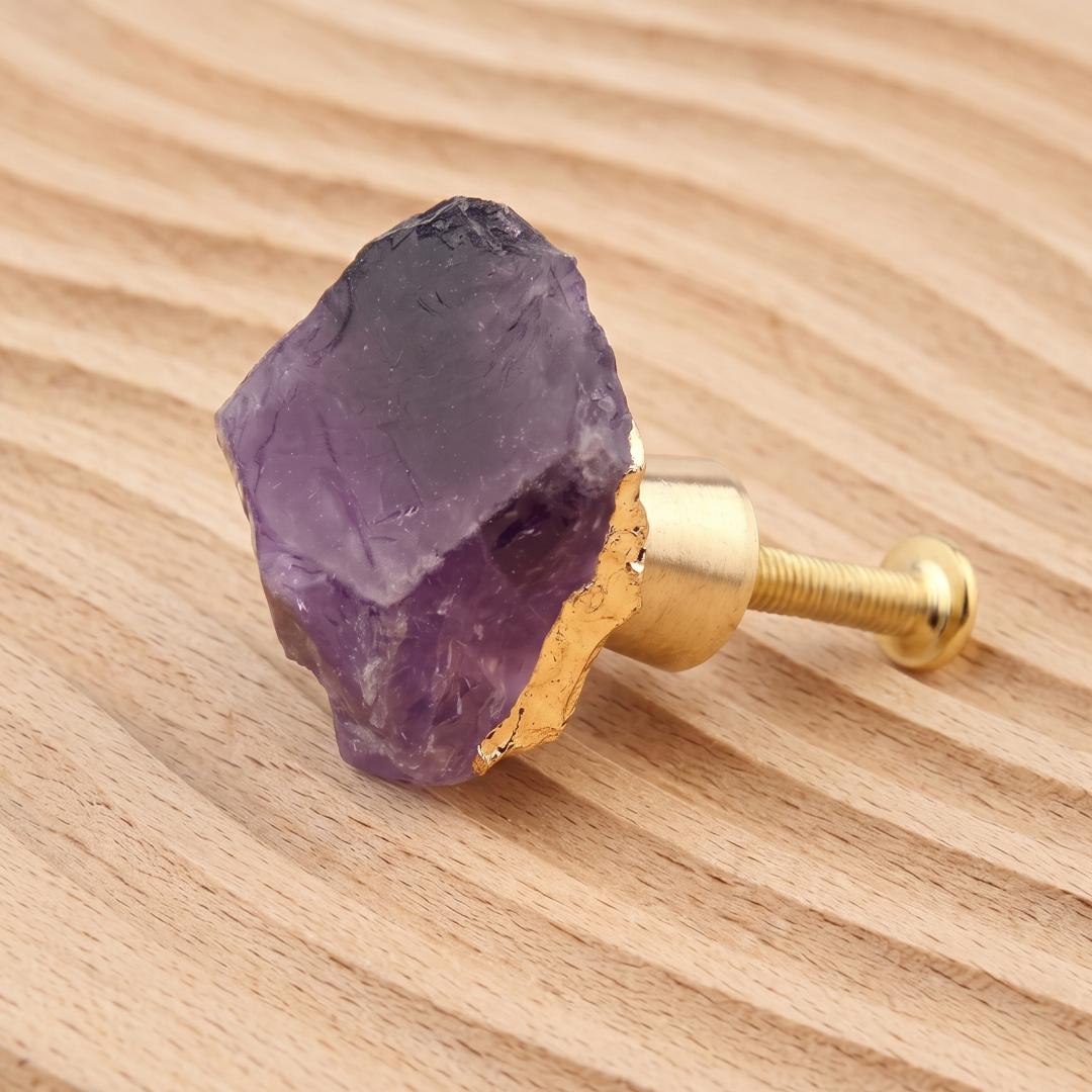 Natural Crystal Cabinet Knob with Gold Edge, Raw Amethyst Rose Quartz Drawer Pull, Single Hole Wardrobe Handle, Luxury Home Decor Hardware