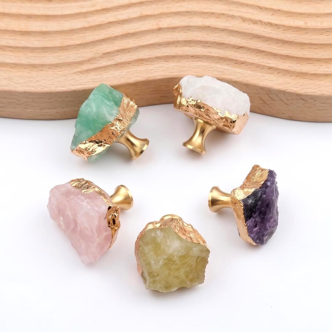 Natural Crystal Cabinet Knob with Gold Edge, Raw Amethyst Rose Quartz Drawer Pull, Single Hole Wardrobe Handle, Luxury Home Decor Hardware