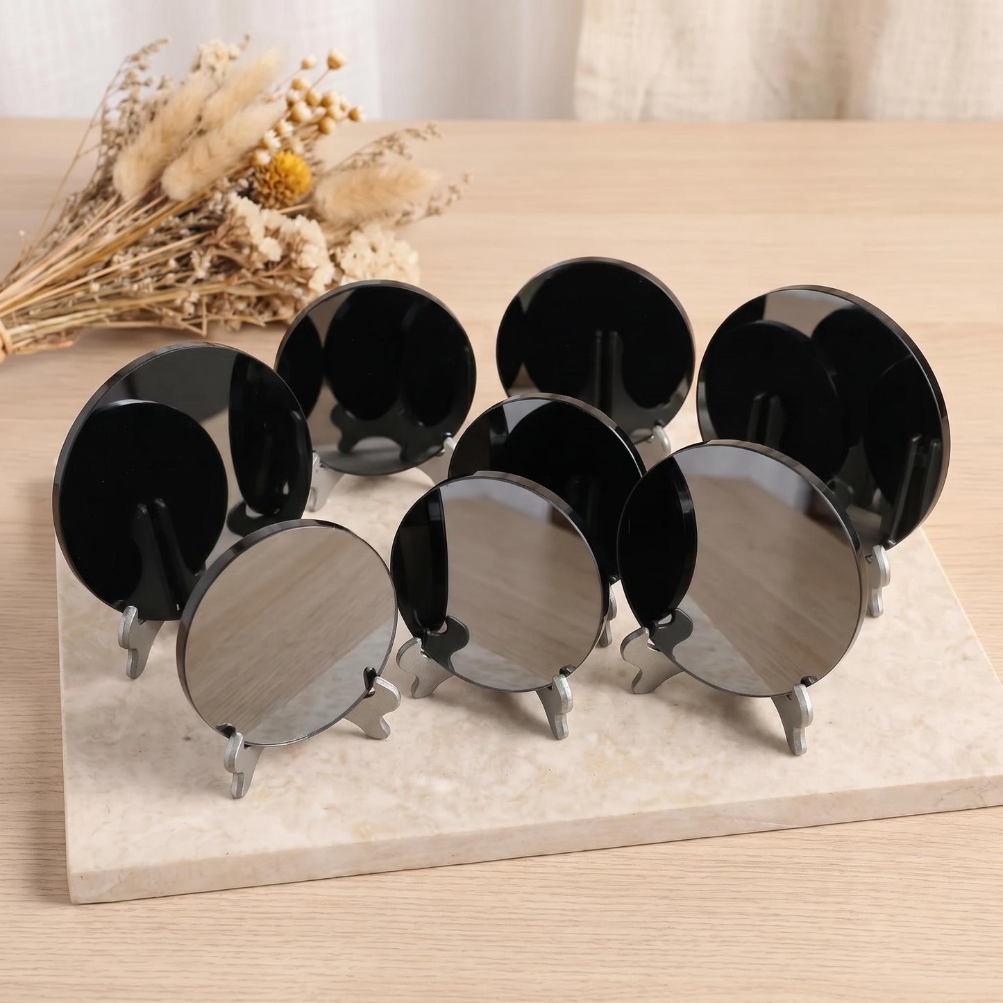 Black Obsidian Scrying Mirror with Stand, Matte Natural Crystal Divination Plate, Spiritual Shadow Work Tool, Mindfulness Meditation Gift