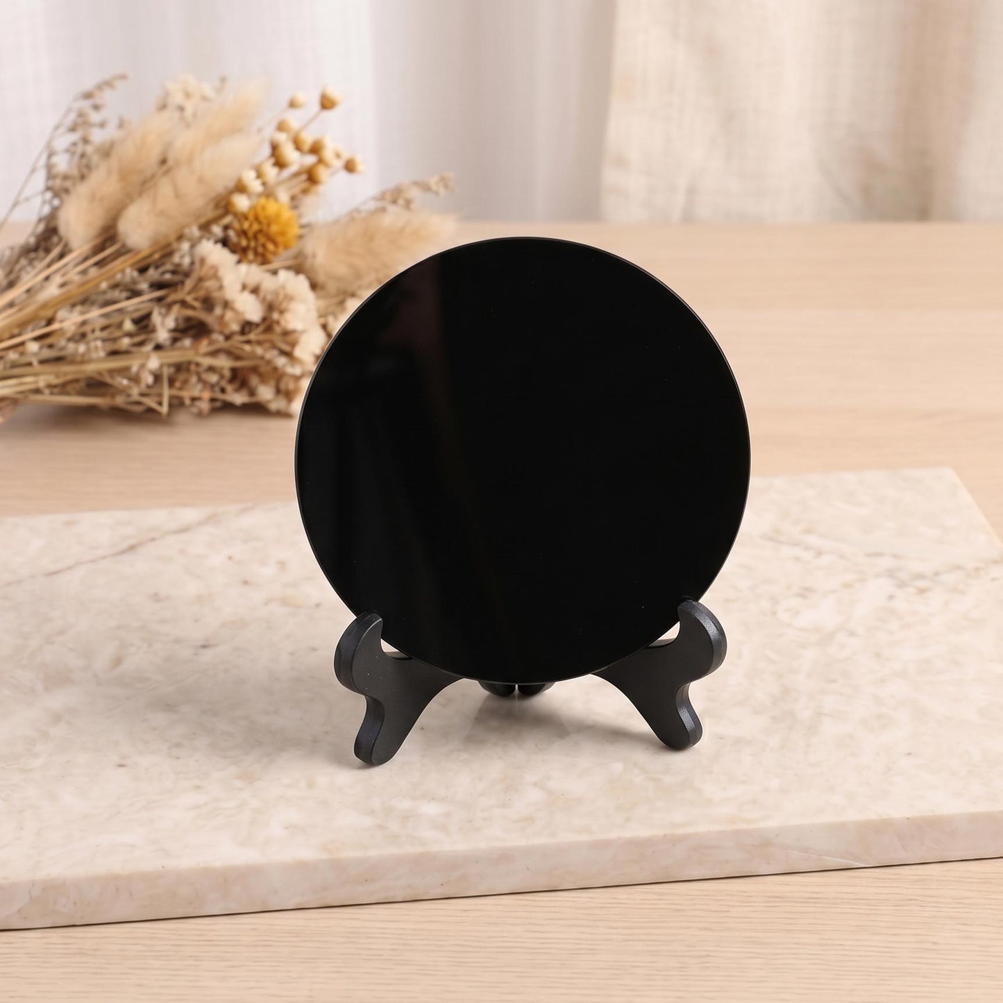Black Obsidian Scrying Mirror with Stand, Matte Natural Crystal Divination Plate, Spiritual Shadow Work Tool, Mindfulness Meditation Gift