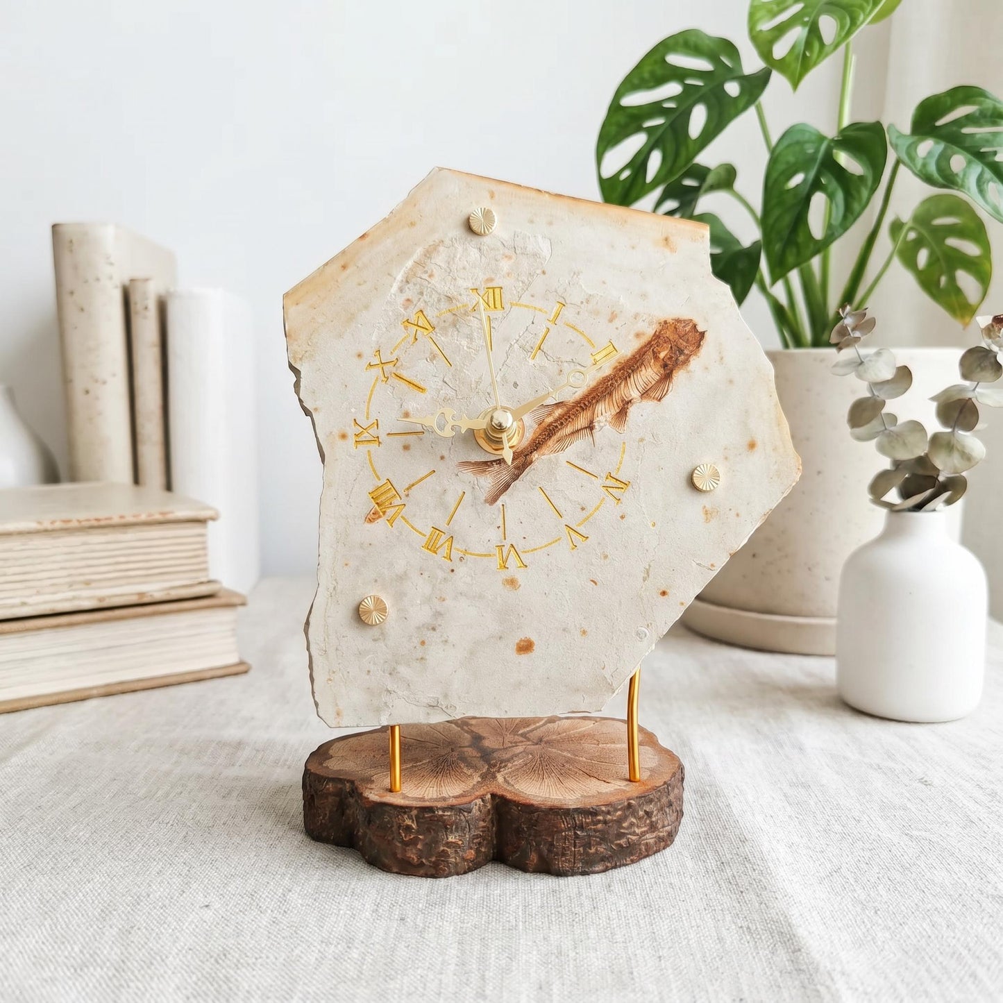 Fish Fossil Clock, Natural Stone Desk Timepiece, Irregular Rock Slab Mantle Watch, Unique Wood Base Ornament, Science Geek Gift for Him