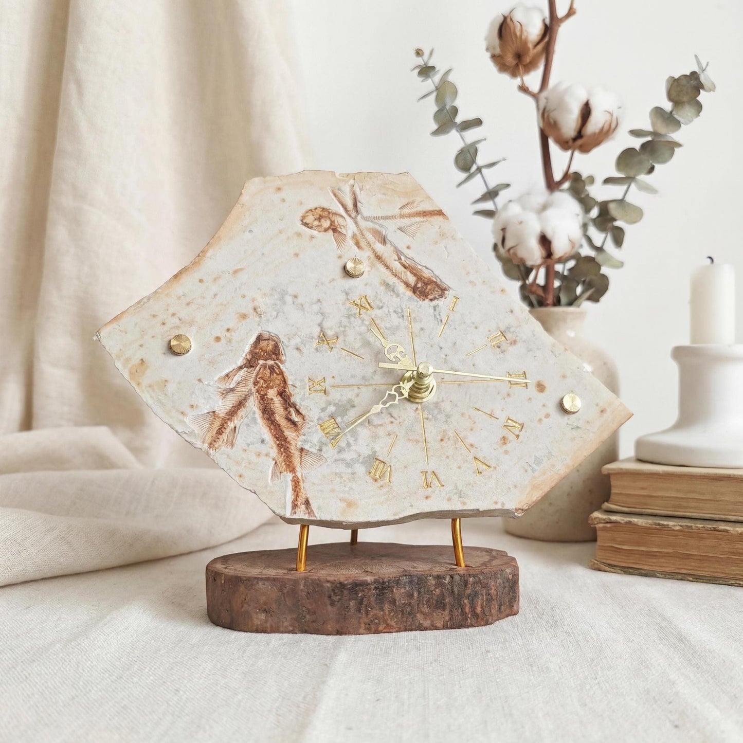 Fish Fossil Clock, Natural Stone Desk Timepiece, Irregular Rock Slab Mantle Watch, Unique Wood Base Ornament, Science Geek Gift for Him