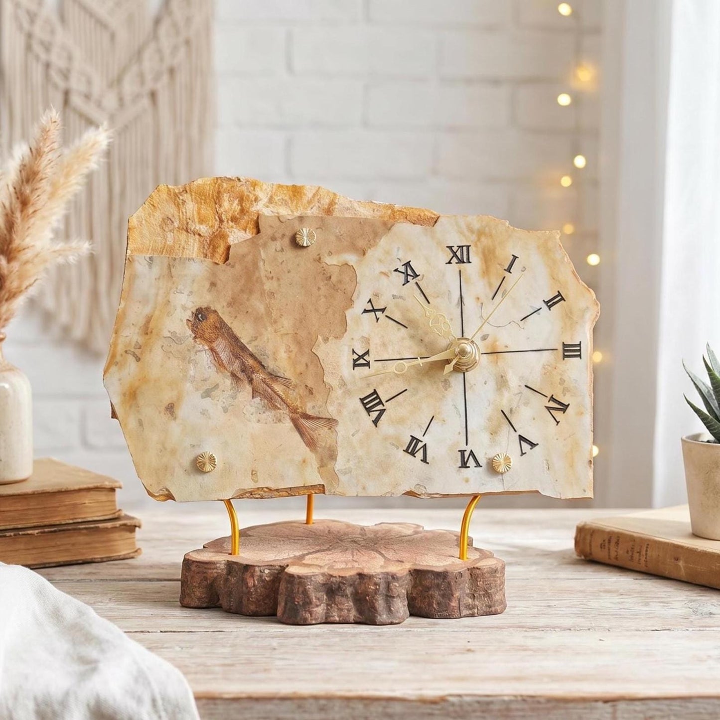 Fish Fossil Clock, Natural Stone Desk Timepiece, Irregular Rock Slab Mantle Watch, Unique Wood Base Ornament, Science Geek Gift for Him