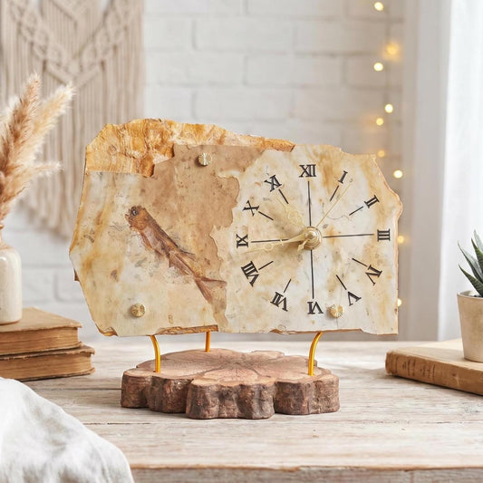 Fish Fossil Clock, Natural Stone Desk Timepiece, Irregular Rock Slab Mantle Watch, Unique Wood Base Ornament, Science Geek Gift for Him