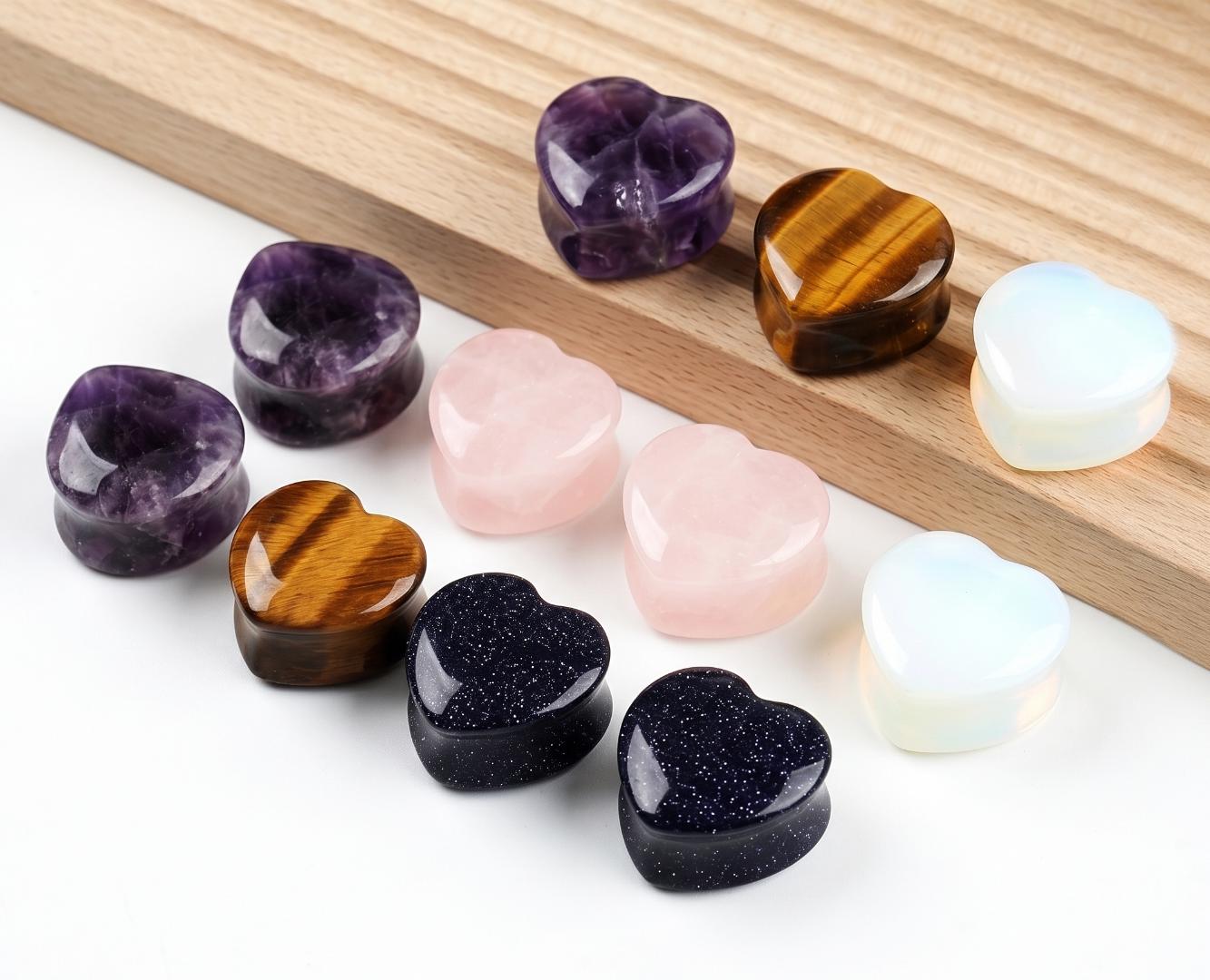 Heart Shaped Stone Plugs Double Flare，Amethyst Tiger Eye Ear Gauges，Gemstone Heart Earrings Fashion Accessory Gift