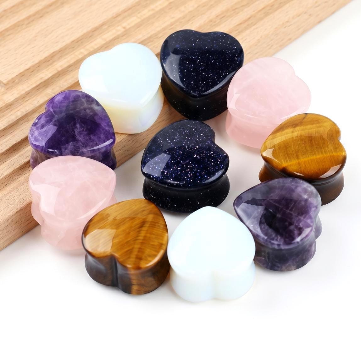 Heart Shaped Stone Plugs Double Flare，Amethyst Tiger Eye Ear Gauges，Gemstone Heart Earrings Fashion Accessory Gift
