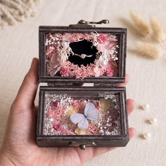 Multiuse Wedding Ring Box for Necklace Bracelet, Butterfly Faux Floral Jewelry Organizer, Vintage Inspired Proposal Gift