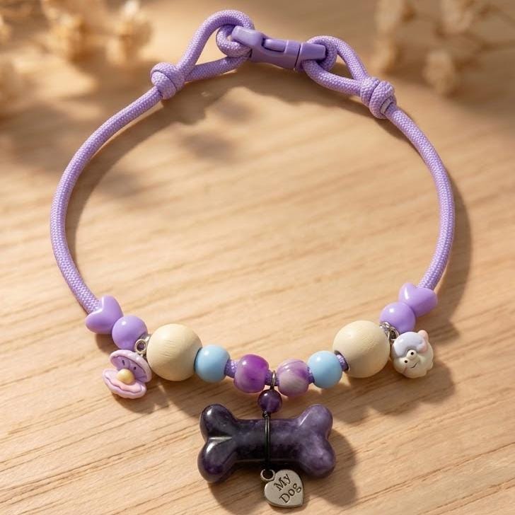 Adjustable Gemstone Dog Collar with Aromatic Wood Beads，Custom Size Pet Necklace，Premium Jewelry for Dogs and Cats Gift