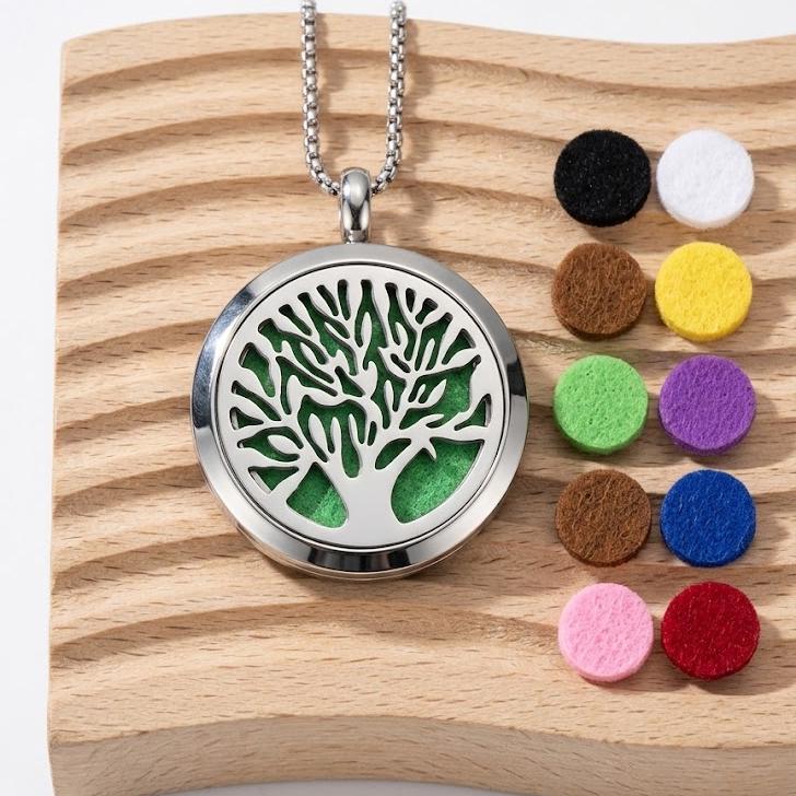 Stainless Steel Aromatherapy Locket Necklace, Magnetic Essential Oil Diffuser Pendant, Tree of Life Perfume Jewelry Gift