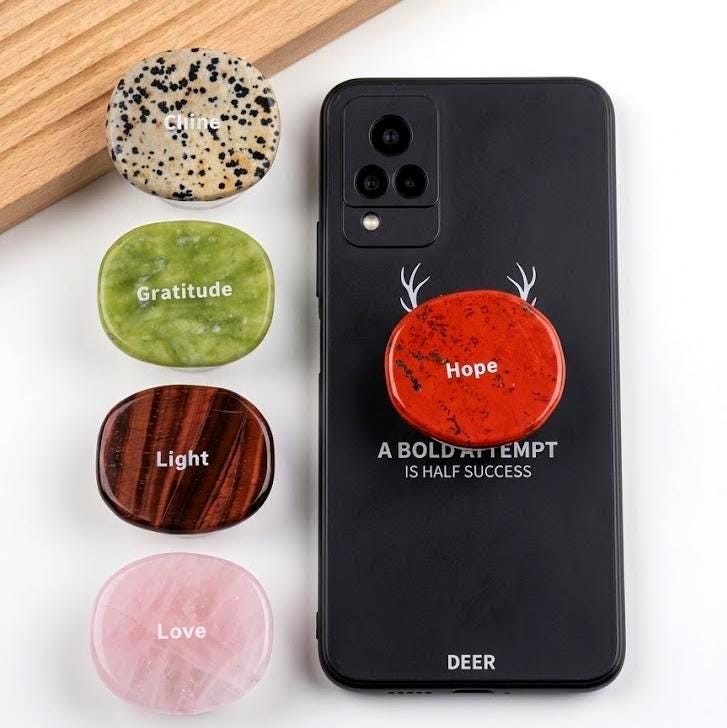 Custom Natural Gemstone Phone Grip, Star Heart Oval Crystal Phone Stand, Cute Kindle Grip Gift for Her