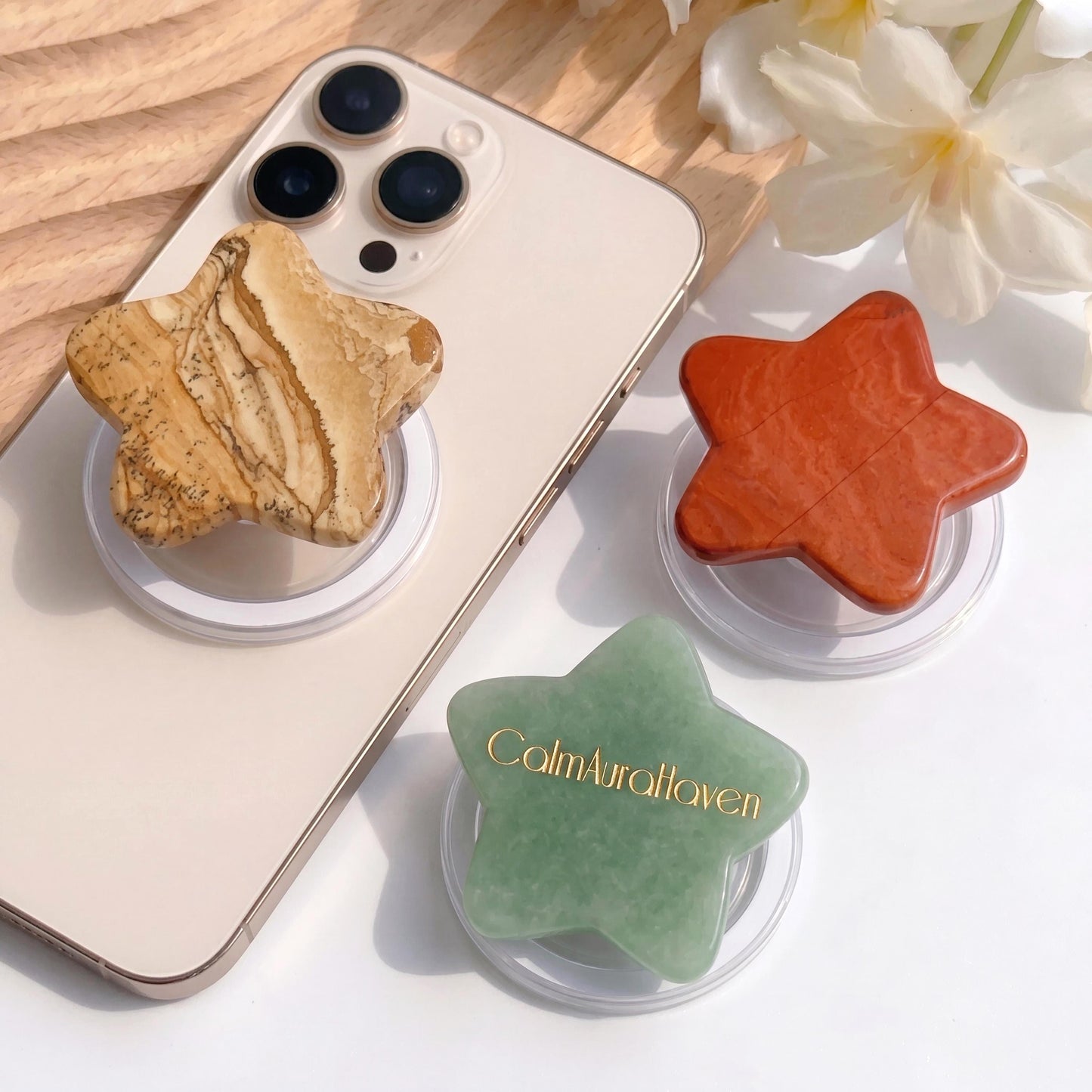 Custom Natural Gemstone Phone Grip, Star Heart Oval Crystal Phone Stand, Cute Kindle Grip Gift for Her