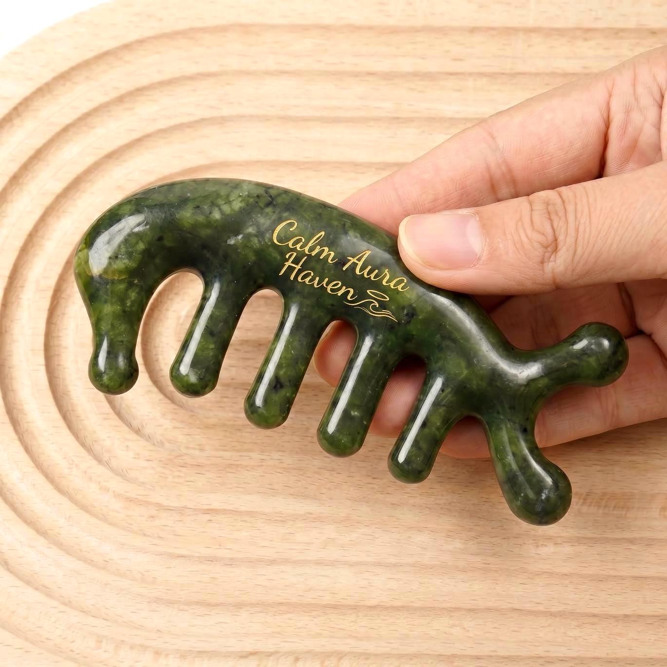 Personalized Natural Jade Scalp Comb, Engraved Hair Brush, Meridian Massage Tool, Handcrafted Gemstone Gua Sha, Unique Birthday Gift