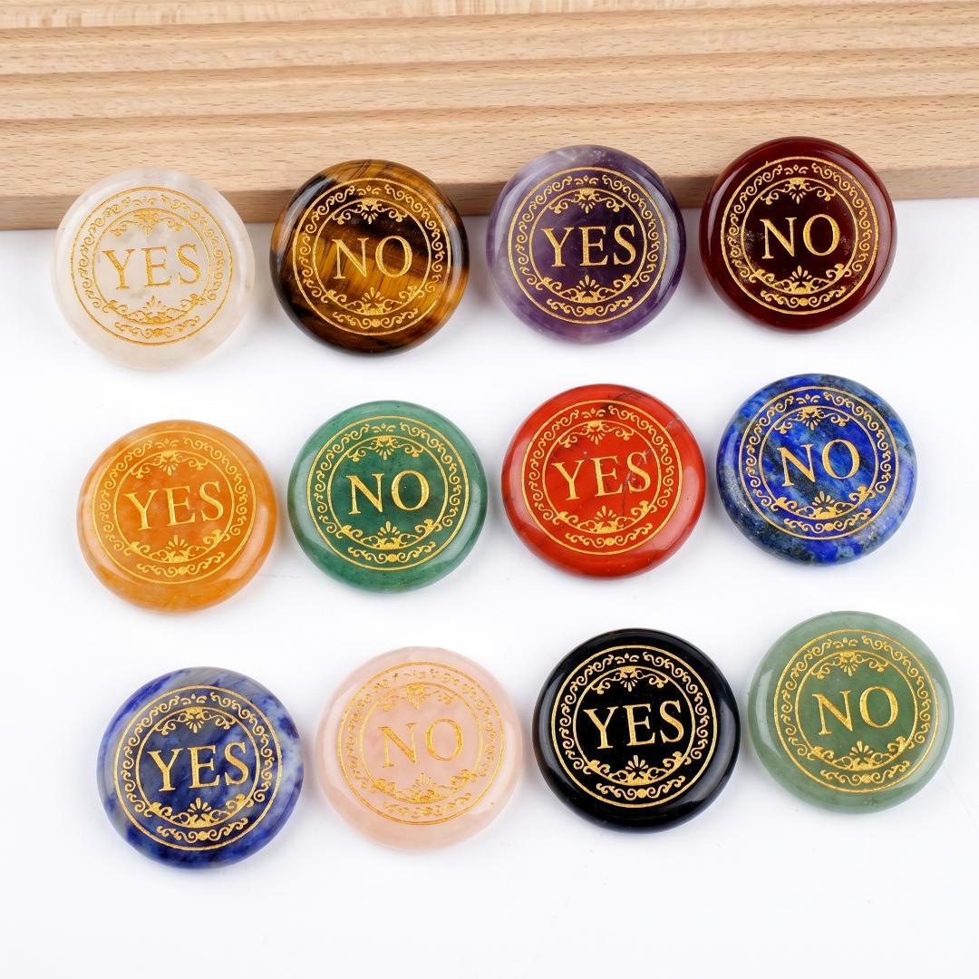 Natural Crystal YES NO Decision Coin, Engraved Gemstone Pocket Token, Tabletop RPG Board Game Gift Couples Flip Coin