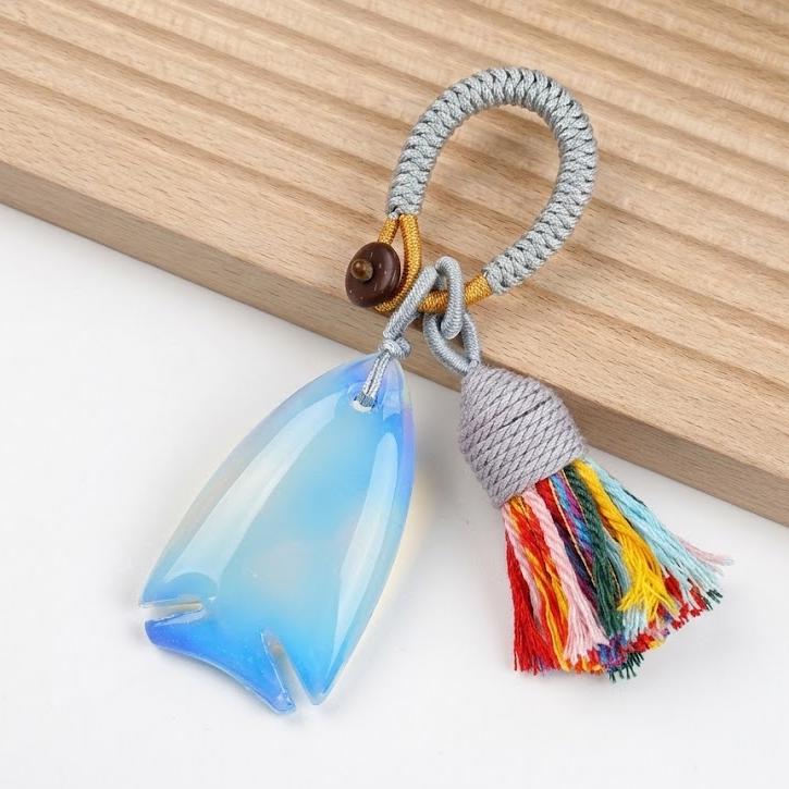Gemstone Fish Keychain for Car Hanging, Woven Tassel Purse Bag Charm, Hand Carved Stone Animal Key Accessory Gift