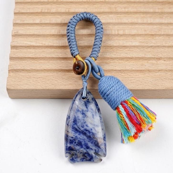 Gemstone Fish Keychain for Car Hanging, Woven Tassel Purse Bag Charm, Hand Carved Stone Animal Key Accessory Gift
