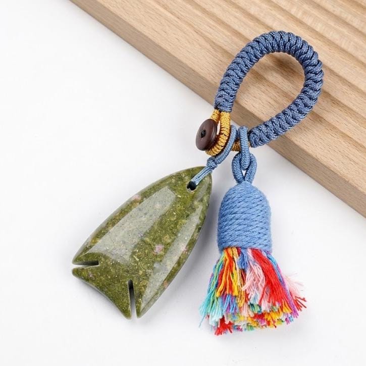 Gemstone Fish Keychain for Car Hanging, Woven Tassel Purse Bag Charm, Hand Carved Stone Animal Key Accessory Gift