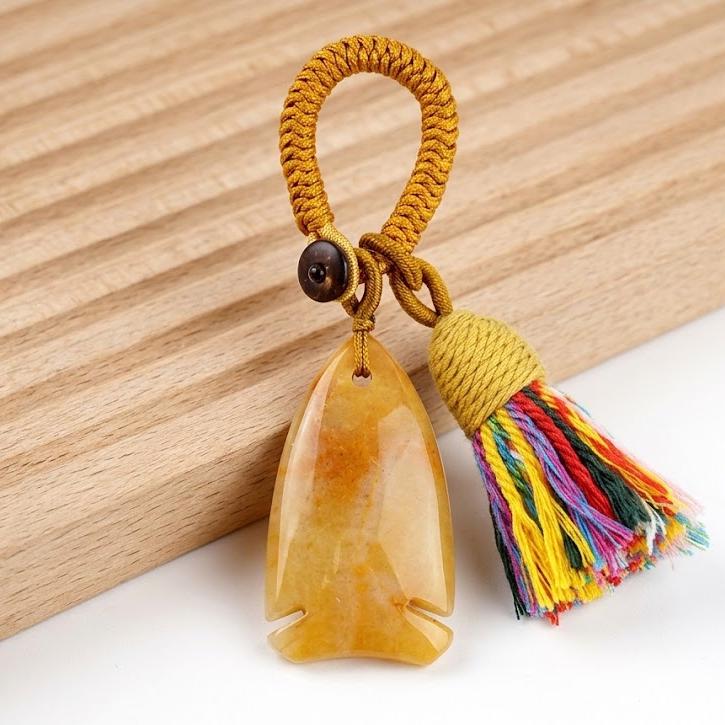 Gemstone Fish Keychain for Car Hanging, Woven Tassel Purse Bag Charm, Hand Carved Stone Animal Key Accessory Gift